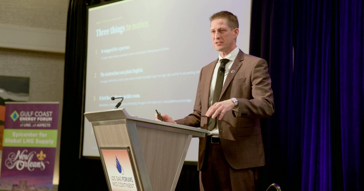 Jason Langella speaking at a podium marked LDC Gas Forums Mid-Continent, with the slide Three Things to Notice on the screen behind him